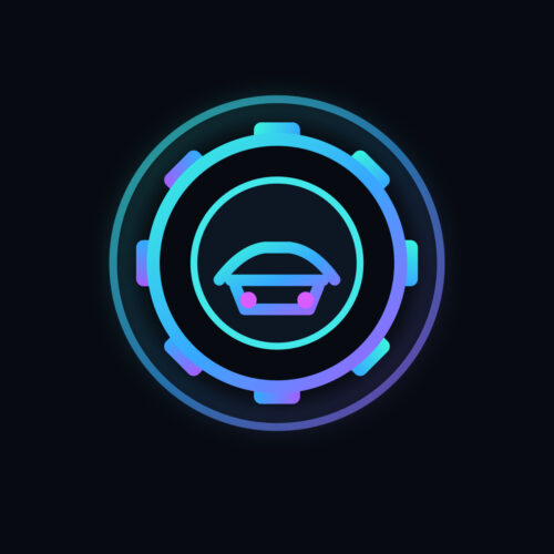 auto-service-07-cyan-gear Неоновый логотип автосервиса с шестернёй и автомобилем на чёрном фоне