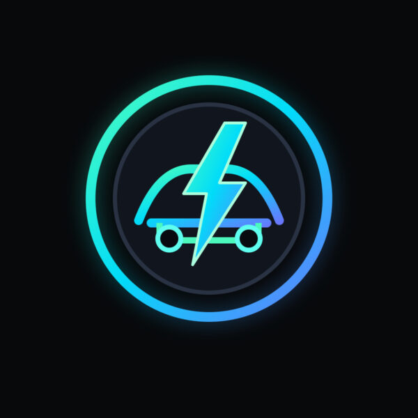 auto-service-09-electric-bolt Неоновый логотип автосервиса с электромобилем и молнией на чёрном фоне