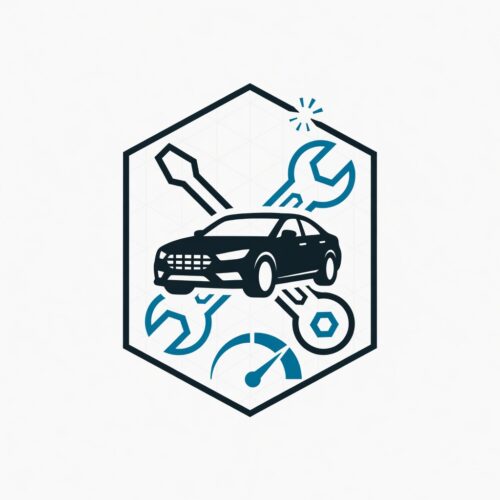 Логотип СТО: чёрный автомобиль, инструменты и спидометр в шестиграннике на белом фоне