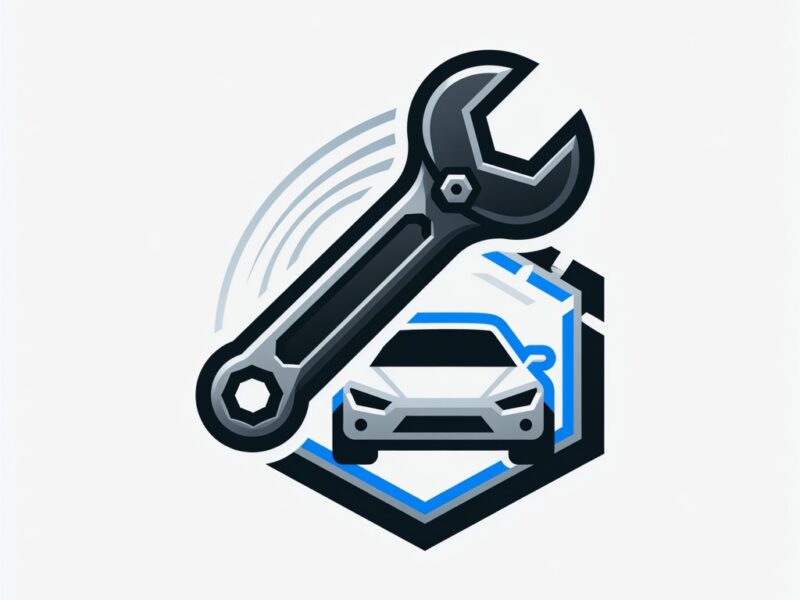 Логотип СТО: крупный гаечный ключ над светлым автомобилем в геометрическом знаке на белом фоне