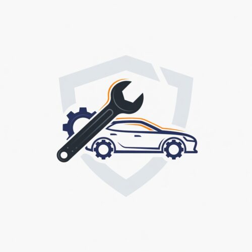 Логотип СТО: контур спортивного автомобиля, тёмный ключ и шестерни на белом фоне