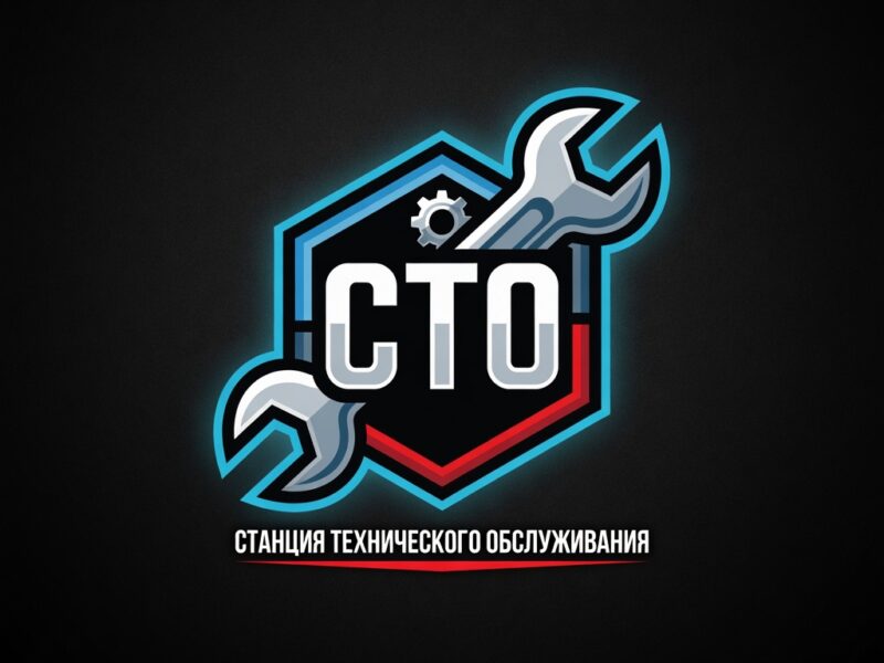 Логотип СТО: надпись «СТО» и два металлических ключа внутри тёмного щита на чёрном фоне