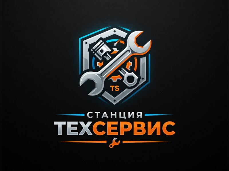 Логотип СТО: серебристые инструменты и щит с надписью «Станция Техсервис» на чёрном фоне