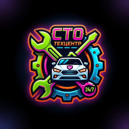 sto-20260929-23 Логотип СТО: белый автомобиль, яркие зелёные инструменты и надпись «СТО Техцентр» на чёрном фоне