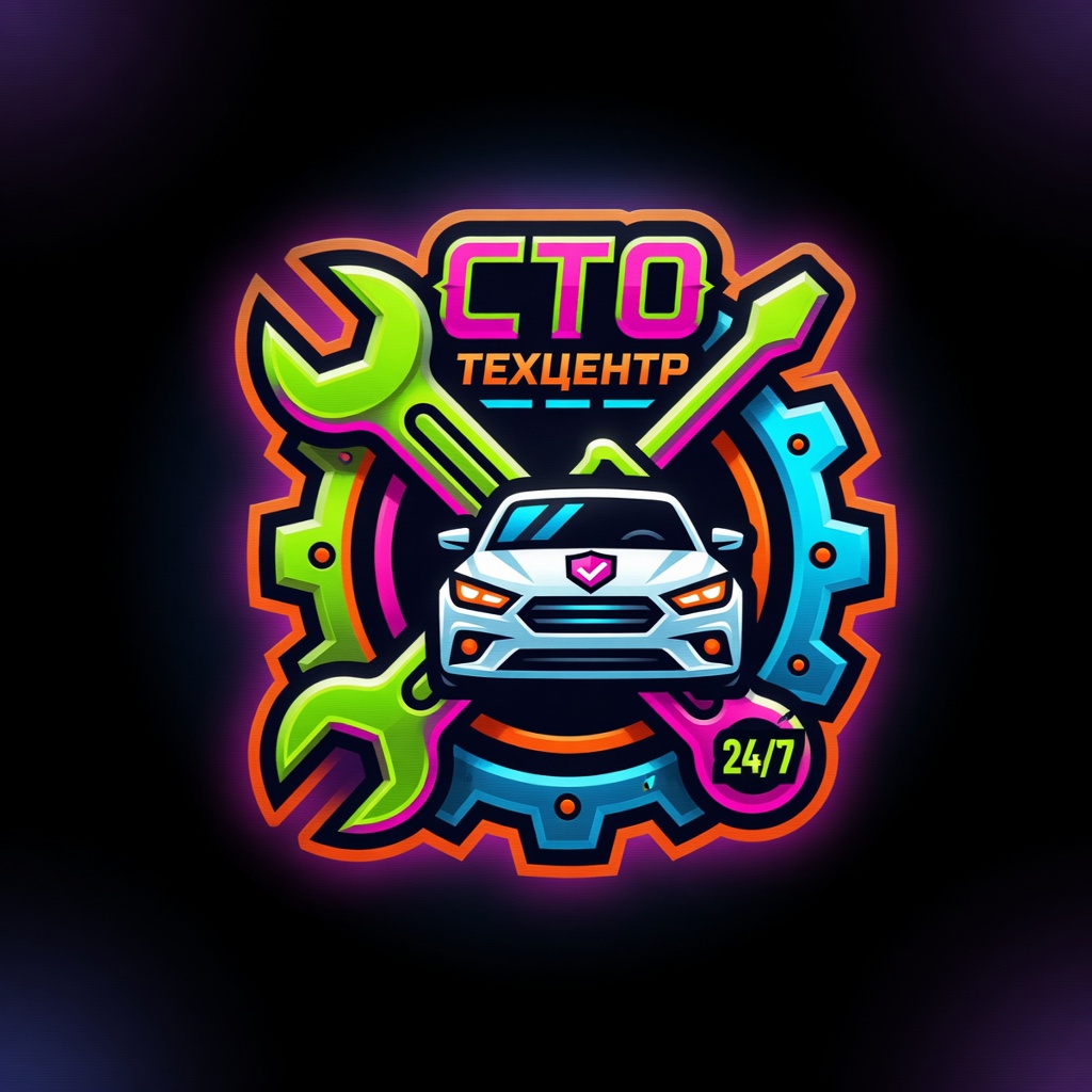 Логотип СТО: белый автомобиль, яркие зелёные инструменты и надпись «СТО Техцентр» на чёрном фоне